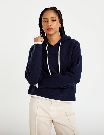 Pull &agrave; capuche bleu marine femme