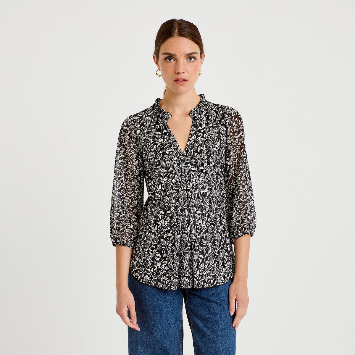 Blouse col v manches 3/4 noir femme