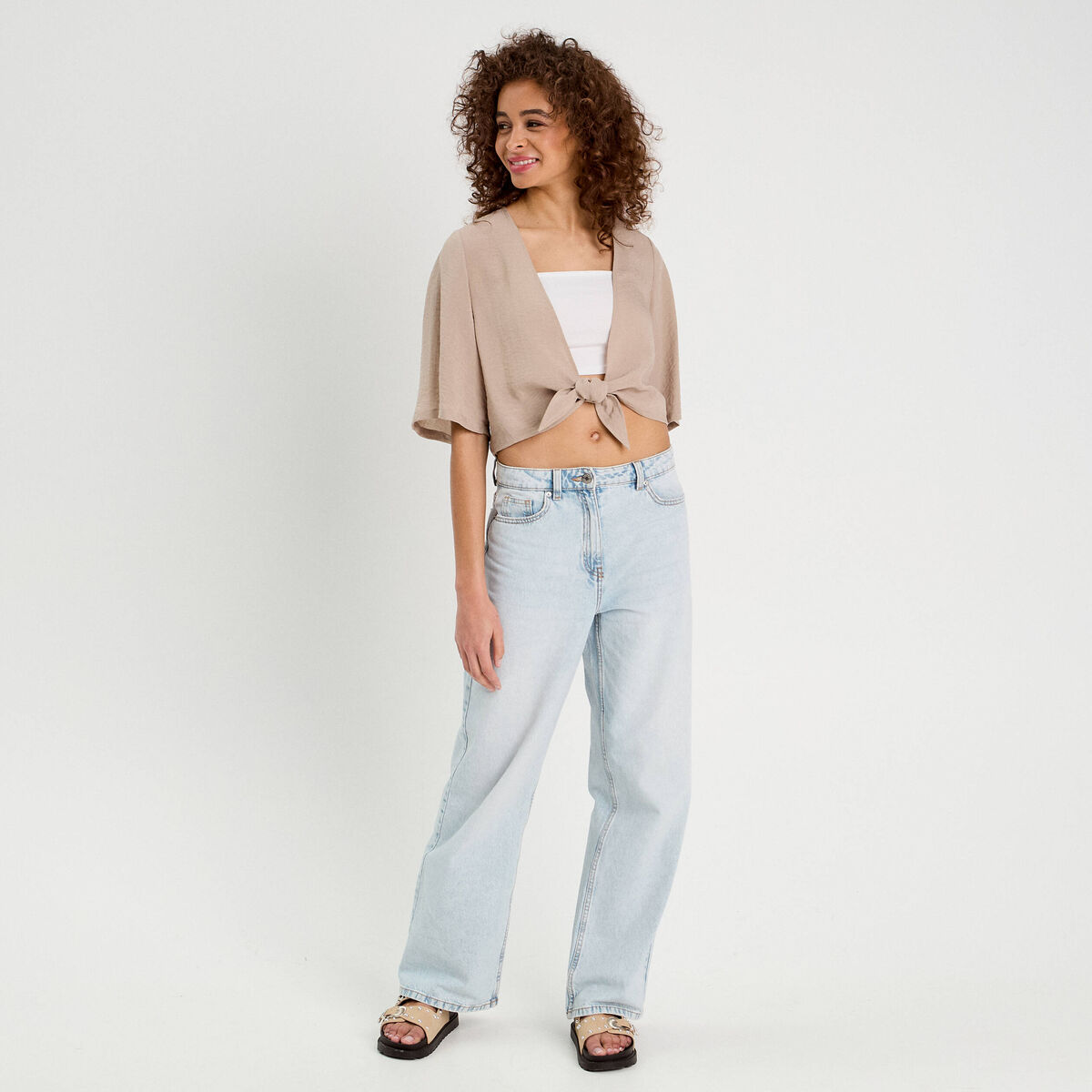 Blouse nou&eacute;e cropped beige femme
