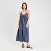 Robe longue évasée bretelles bleu pétrole femme