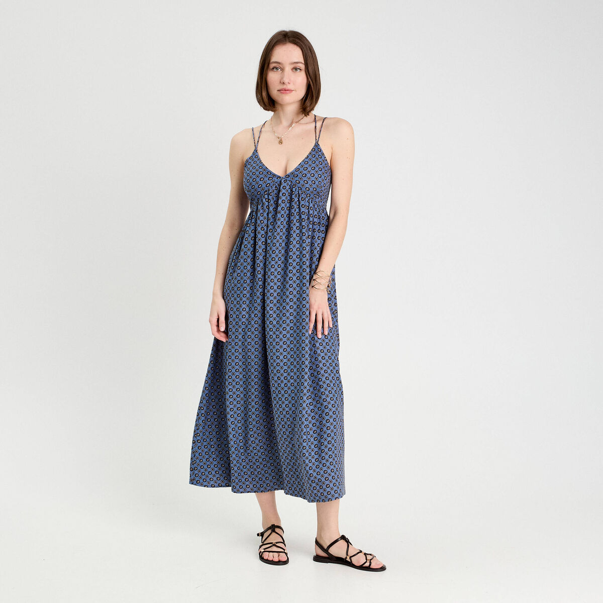 Robe longue évasée bretelles bleu pétrole femme