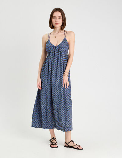 Robe longue évasée bretelles bleu pétrole femme