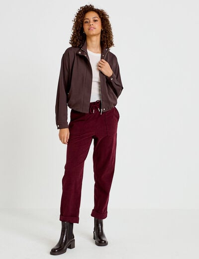 Veste cropped bas resserr&eacute; marron fonc&eacute; femme