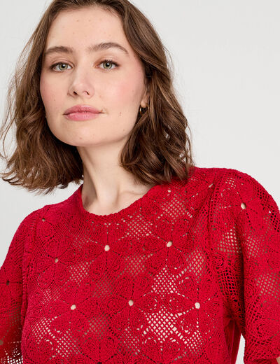 T-shirt dentelle macramé rouge femme