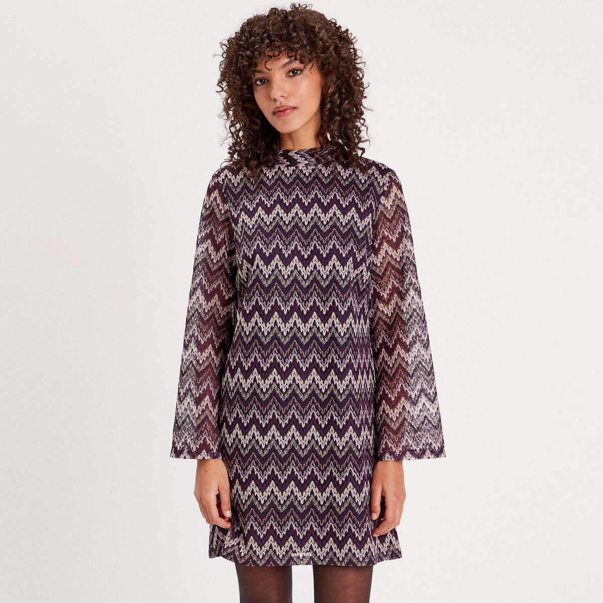 Robe trapèze col montant violet femme