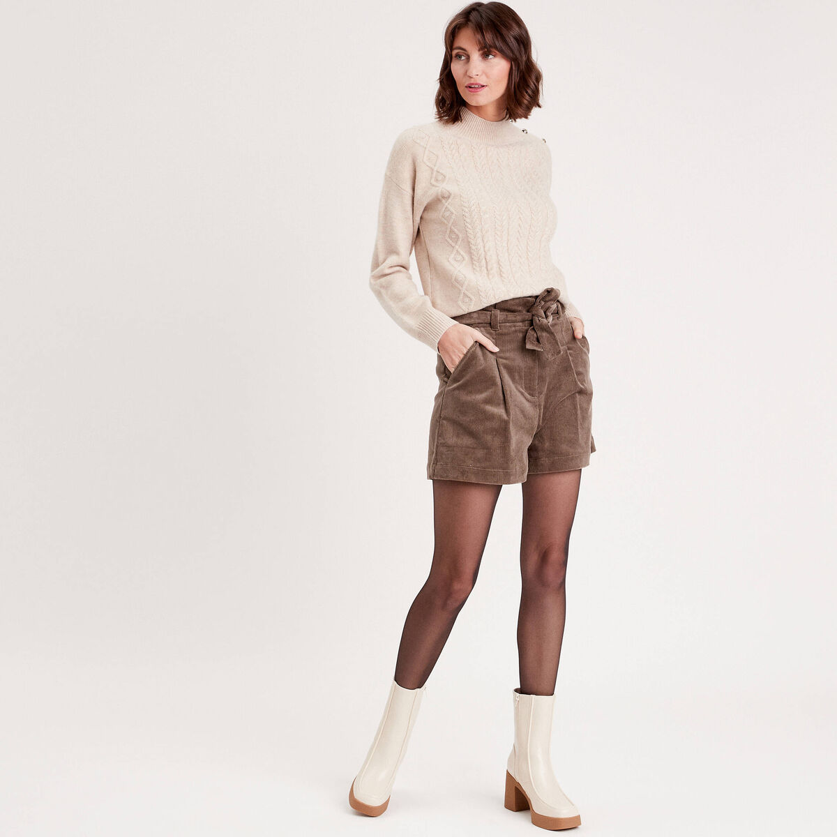 Short paperbag velours taupe femme