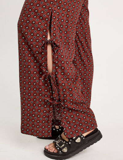 Pantalon large avec noeuds marron cognac femme