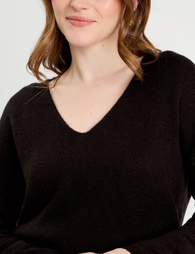 Pull manches longues col en V noir femme