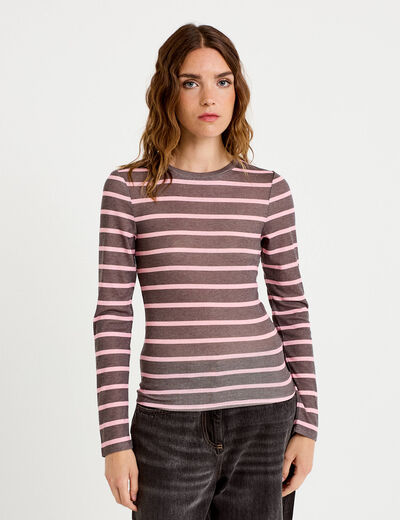 T-shirt ajust&eacute; col rond manches longues marron fonc&eacute; femme