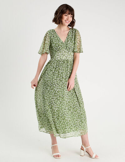 Robe longue évasée col en V vert femme