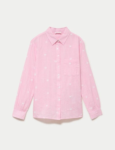 Chemise brod&eacute;e manches longues rose femme