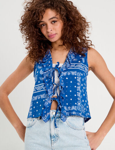 Blouse nouée sans manches bleu femme