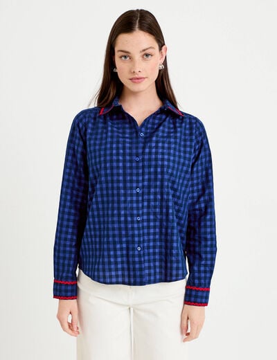 Chemise droite vichy col claudine bleu electrique femme
