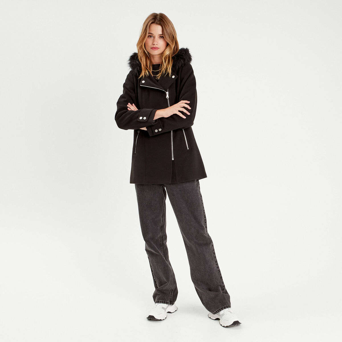Manteau droit avec capuche noir femme