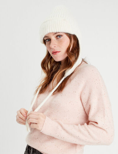 Bonnet avec cordons ecru femme