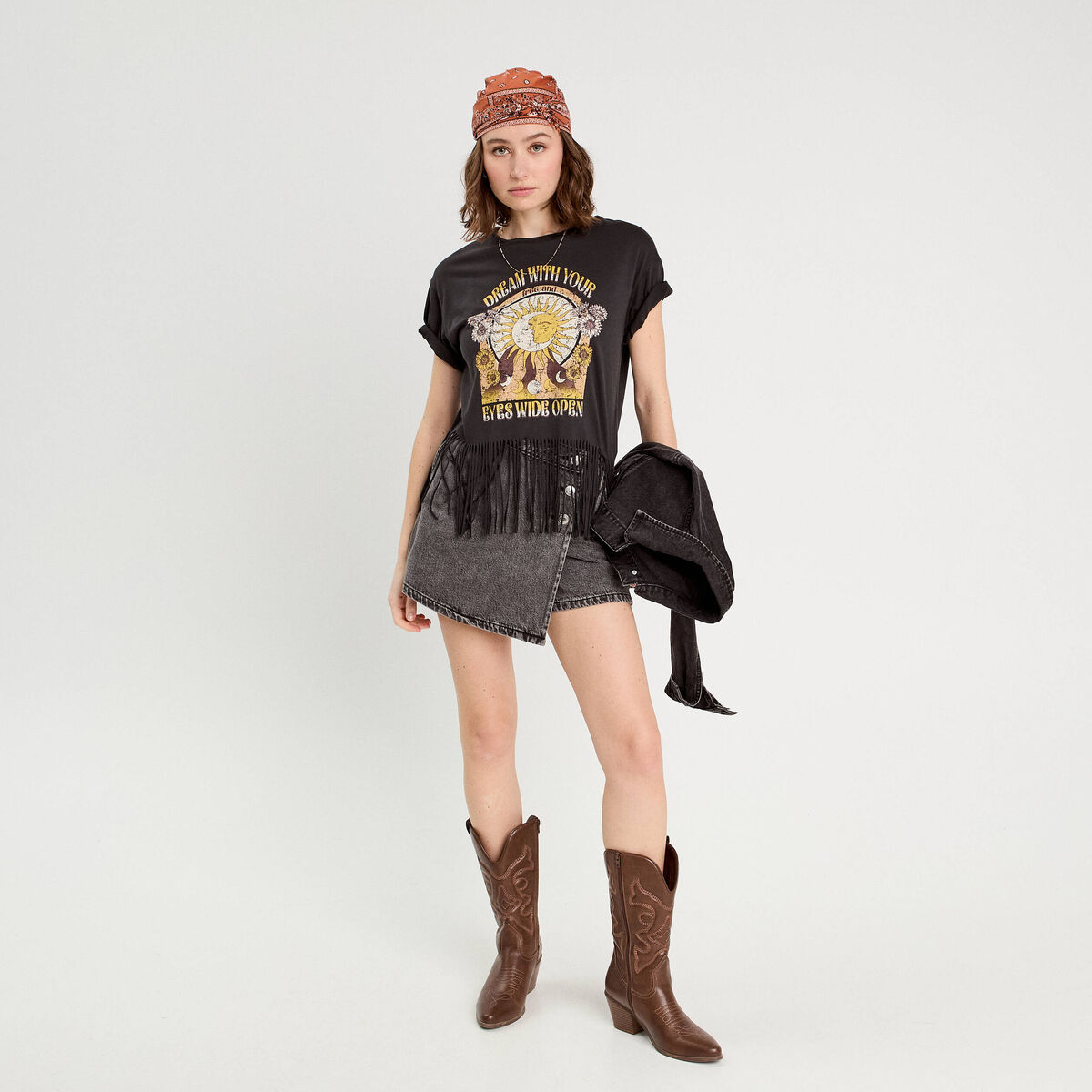 Jupe-short droite en jean denim noir femme