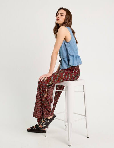Pantalon large avec noeuds marron cognac femme