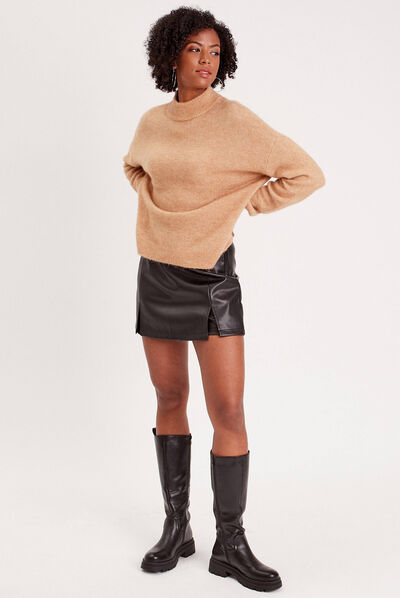 Pull col montant beige femme