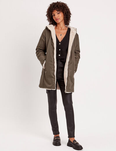 Parka réversible à capuche vert kaki femme