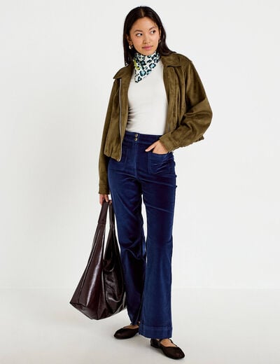 Pantalon bootcut taille haute velours bleu marine femme