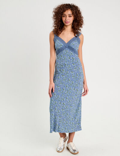 Robe longue évasée dentelle bleu foncé femme