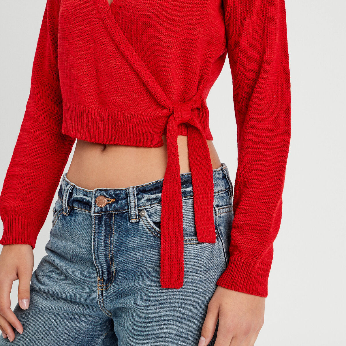 Gilet col cache-coeur nou&eacute; rouge femme