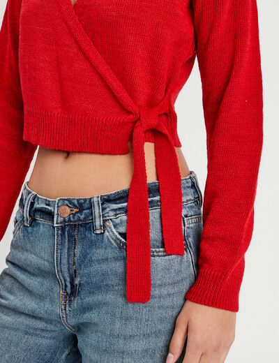 Gilet col cache-coeur noué rouge femme