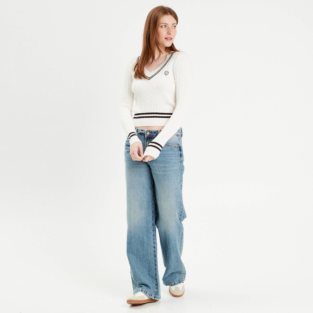 Pull manches longues torsades ecru femme