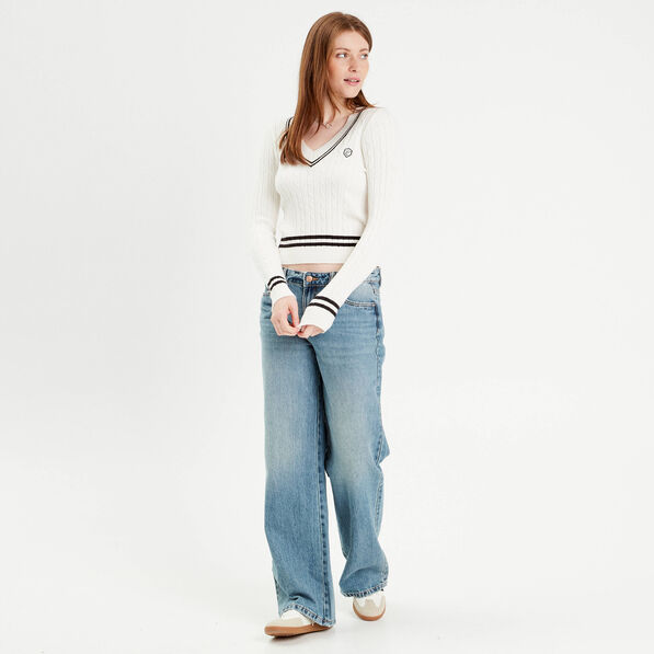 Pull manches longues torsades ecru femme