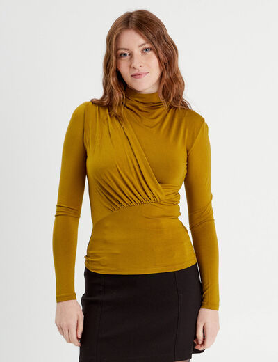 T-shirt drapé col montant jaune foncé femme