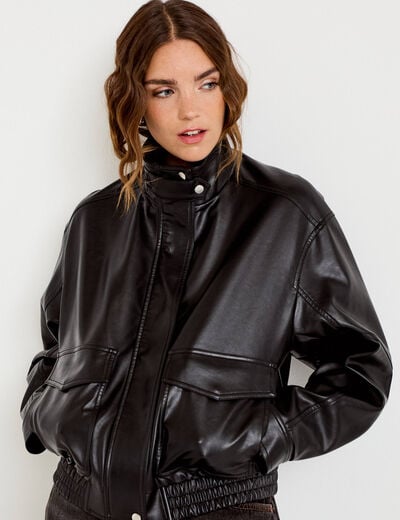 Veste effet boule en similicuir noir femme