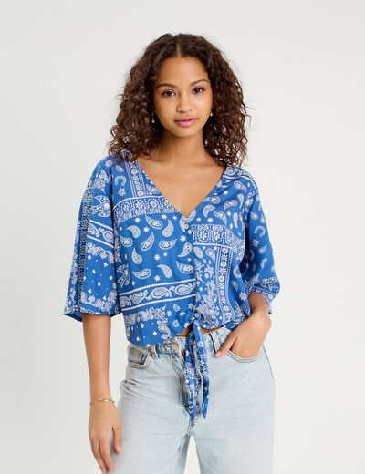 Blouse nouée manches 3/4 bleu femme