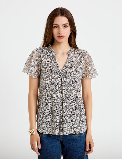Blouse droite longue manches courtes blanc femme