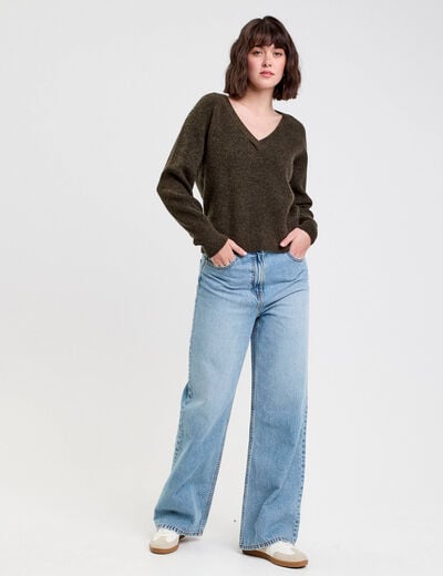 Pull avec col en V vert kaki femme