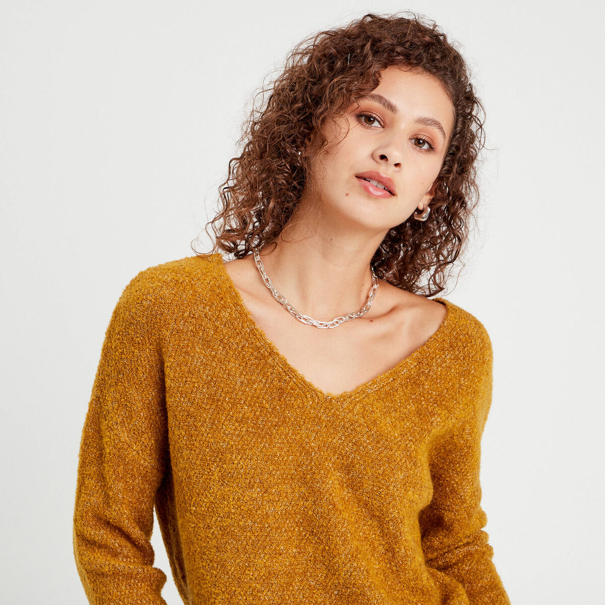 Pull manches longues col en V camel femme