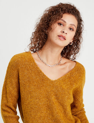 Pull manches longues col en V camel femme