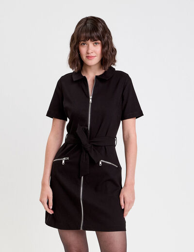 Robe droite zippée ceinturée noir femme