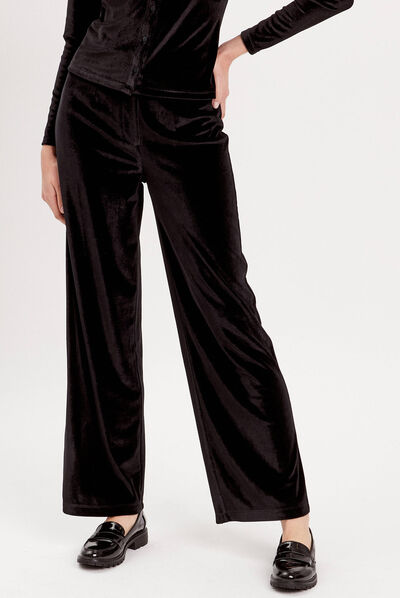 Pantalon city large velours noir femme