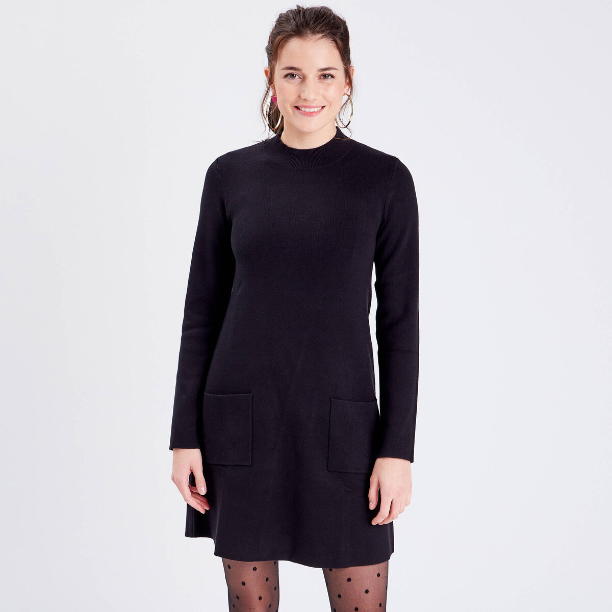 Robe pull droite avec poches noir femme