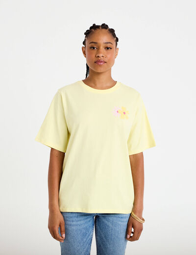 T-shirt col rond manches courtes jaune clair femme