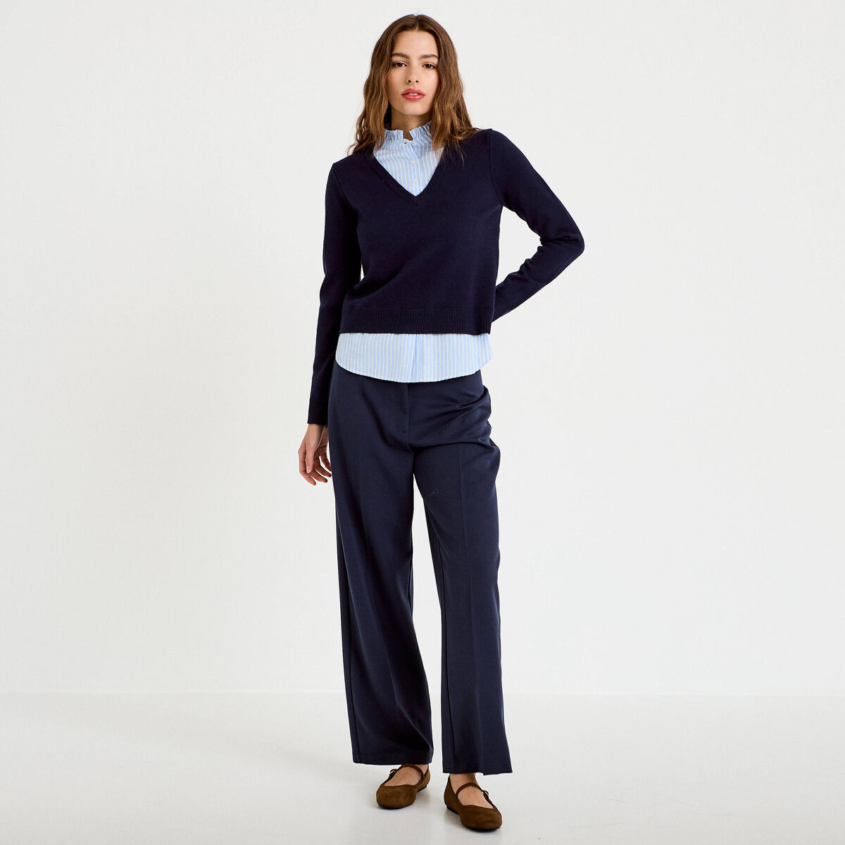 Pantalon bootcut taille haute bleu marine femme
