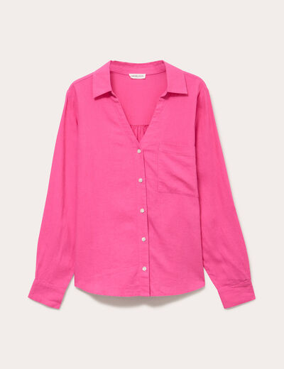 Chemise lin col V manches longues rose femme