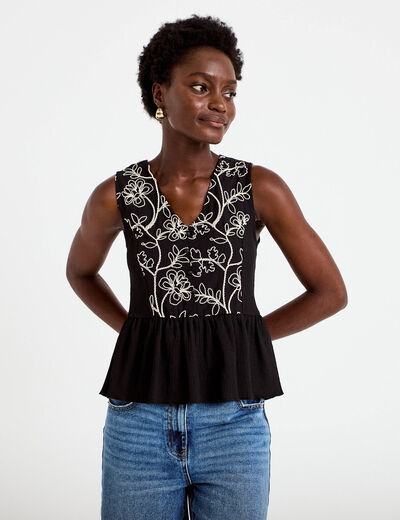 Blouse cintr&eacute;e sans manches col v noir femme