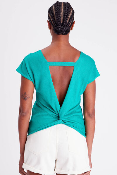 Pull col en V dos ouvert vert femme