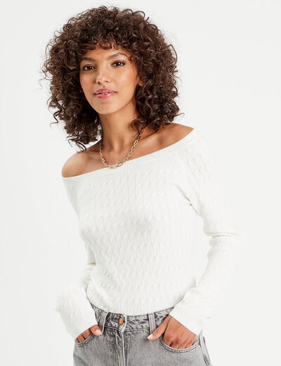 Pull manches longues torsades ecru femme