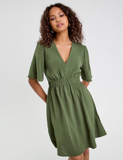 Robe évasée taille élastiquée vert kaki femme