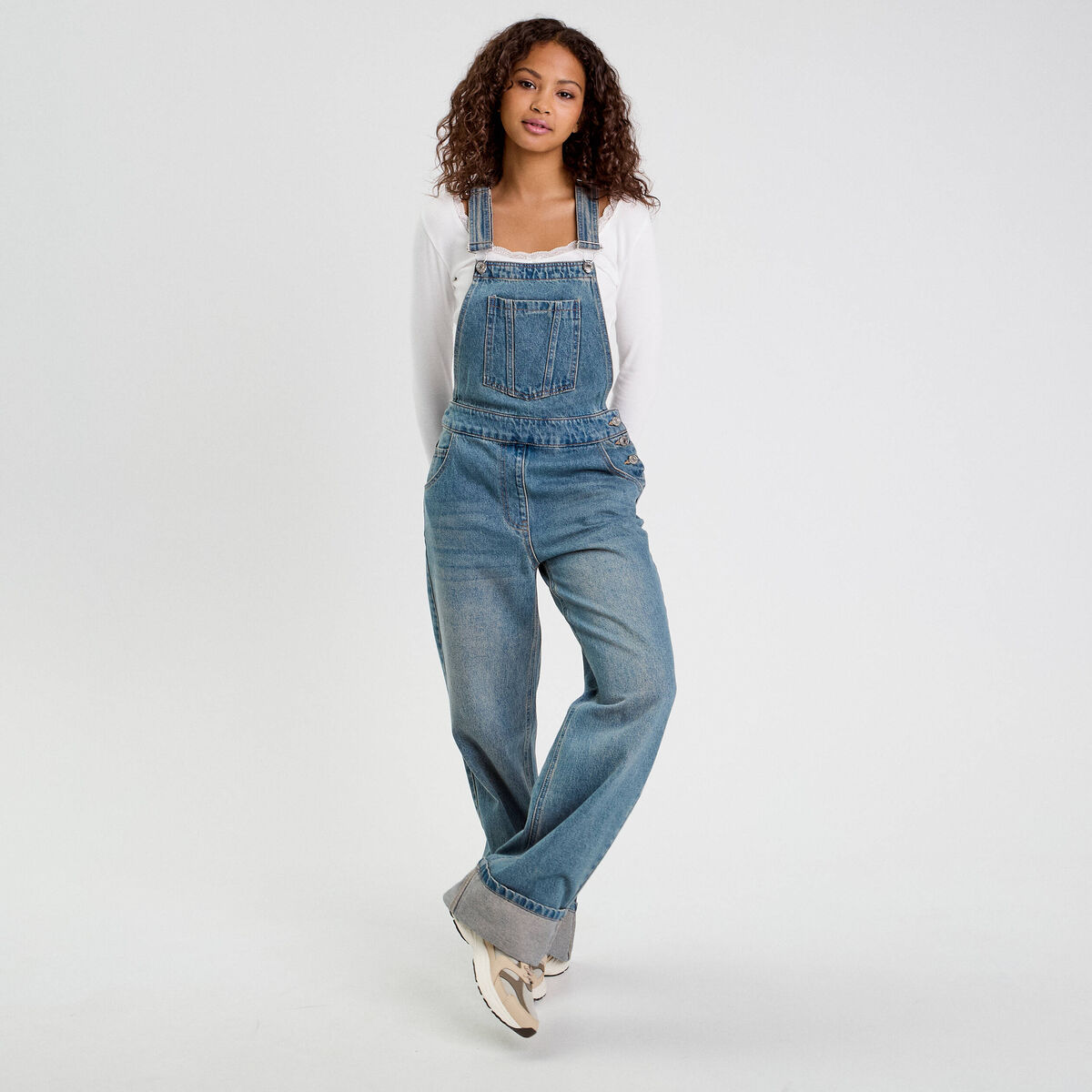 Salopette large en jean denim double stone femme
