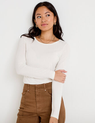 T-shirt uni &agrave; manches longues ecru femme