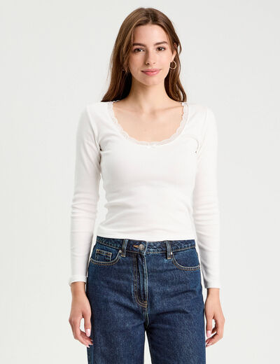 T-shirt manches longues côtelé ecru femme