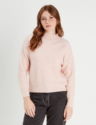 Pull manches longues sequins rose clair femme